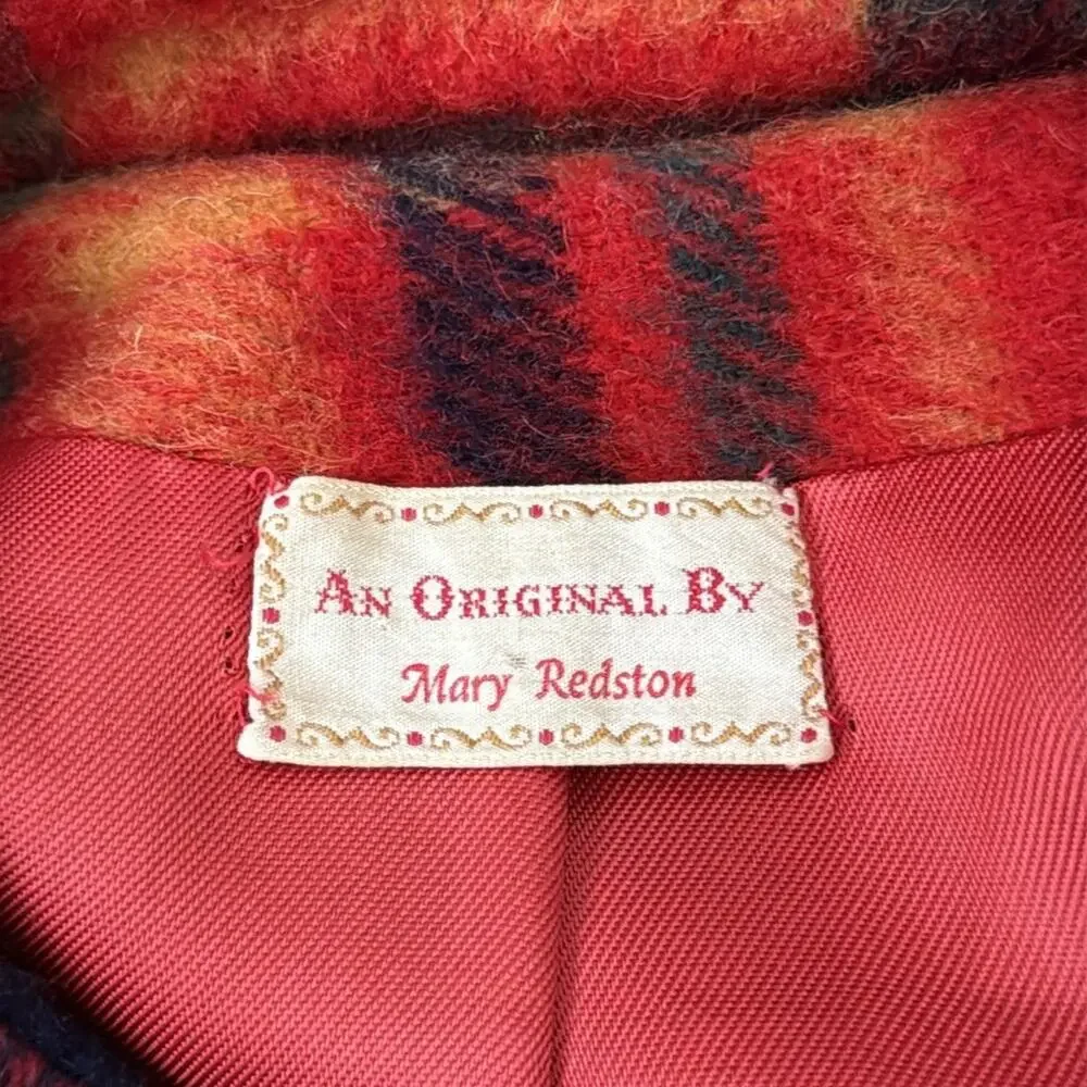 Vintage 60s Mary Redston Original Orange & Navy Preppy Plaid Button Up Pea Coat